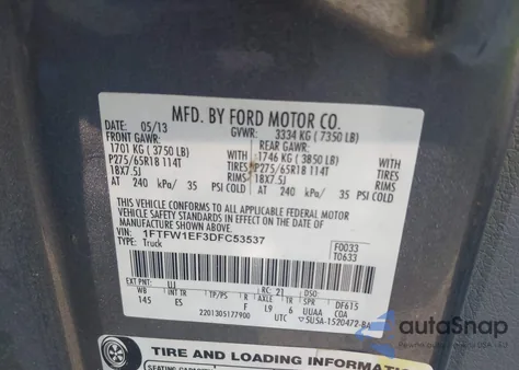 2013 Ford F-150 Lariat z USA, uszkodzony, nr VIN 1FTFW1EF3DFC53537